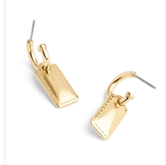 COACH Womens Gold-Tone Signature Stitched Hangtag Charm Huggies. NWT - Picture 3 of 7